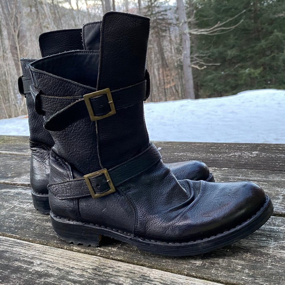 Fiorentini + Baker Double Buckle Black Leather Moto Boots - Size 8 1/2/39 Euro